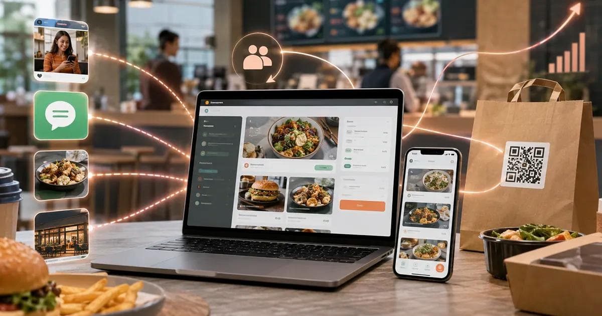 Notebook e celular exibindo canal próprio de delivery, conectados a redes sociais, WhatsApp, QR code e ponto físico para representar aquisição de clientes.