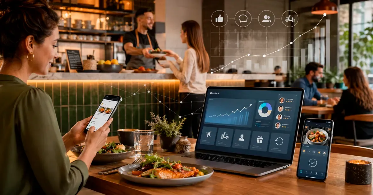 Pessoa usando celular em restaurante, com notebook exibindo dados de marketing, gráficos de crescimento e canais digitais para representar a divulgação de um restaurante.