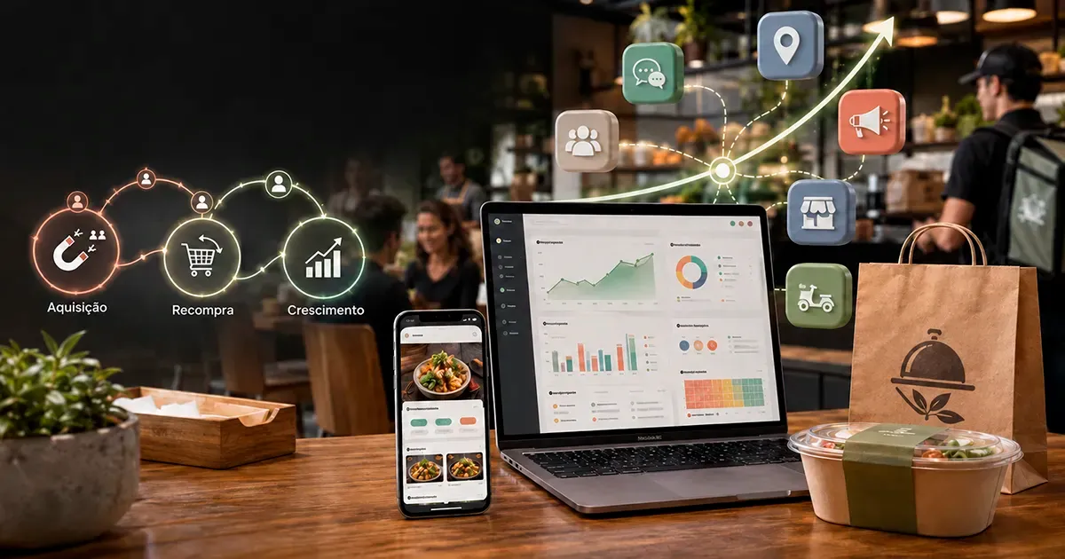 Restaurante moderno com notebook e smartphone exibindo canais de delivery, gráficos de desempenho e elementos que representam aquisição de clientes, recompra e crescimento.