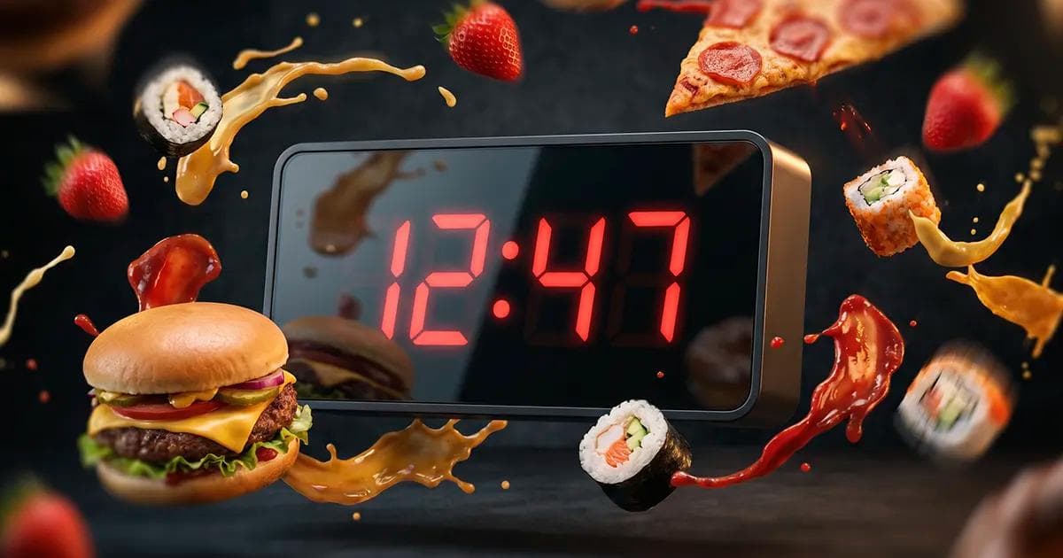 Relógio digital marcando 12:47 com hambúrguer, pizza, sushi, morangos e molhos voando ao redor em cena cinematográfica.