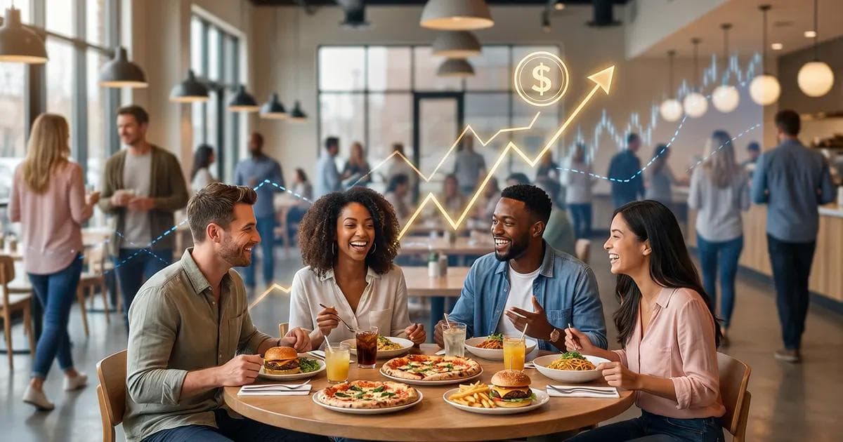 Grupo de clientes em restaurante com pratos na mesa e gráficos de crescimento ao fundo, representando a diferença entre faturamento total e faturamento gerado por clientes fiéis.