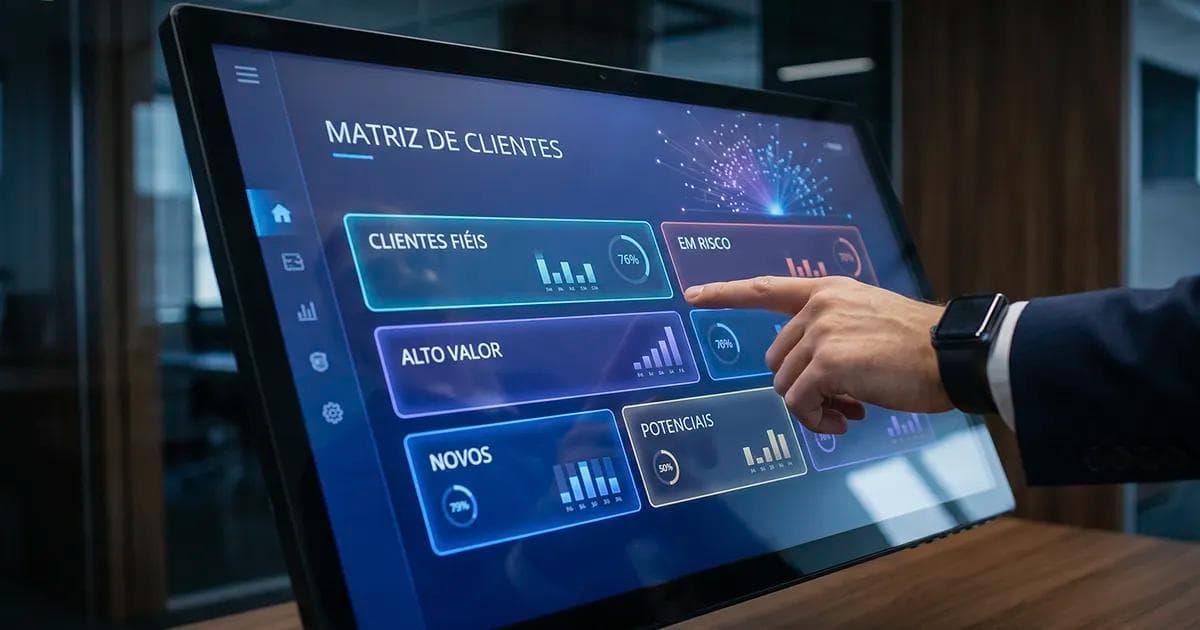 Mão apontando para uma tela digital com matriz de clientes segmentados em categorias como clientes fiéis, em risco, alto valor, novos e potenciais.