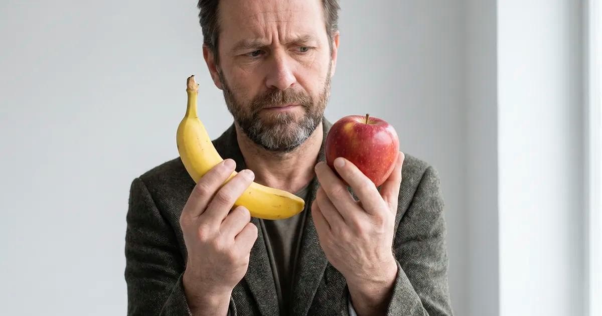 Homem segurando uma banana e uma maçã enquanto compara as duas frutas, representando a ideia de benchmark entre modelos de negócio diferentes.