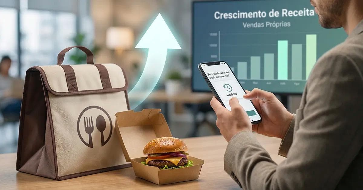 Pessoa usando aplicativo de delivery no celular ao lado de lanche e bolsa térmica, com gráfico de crescimento ao fundo, representando a reativação de clientes inativos e o aumento de faturamento no delivery próprio.